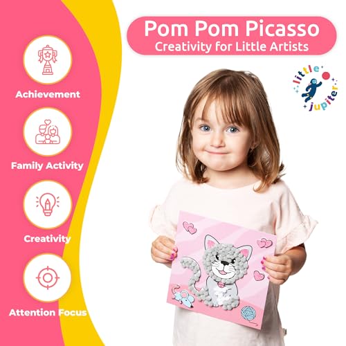 Little Jupiter DIY Pom Pom Art Kit for Kids Ages 3-5 – Set 2: Unicorn, Rainbow, Cat – Toddler Craft Activity