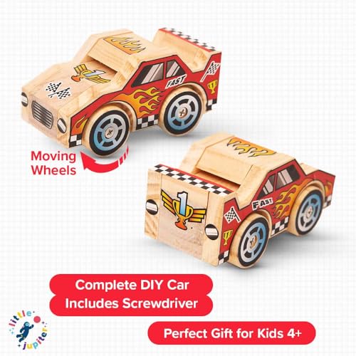 Little Jupiter DIY Wooden Race Car Building Kit for Kids Ages 4-7 - STEM Craft Toy with Stickers and Tools