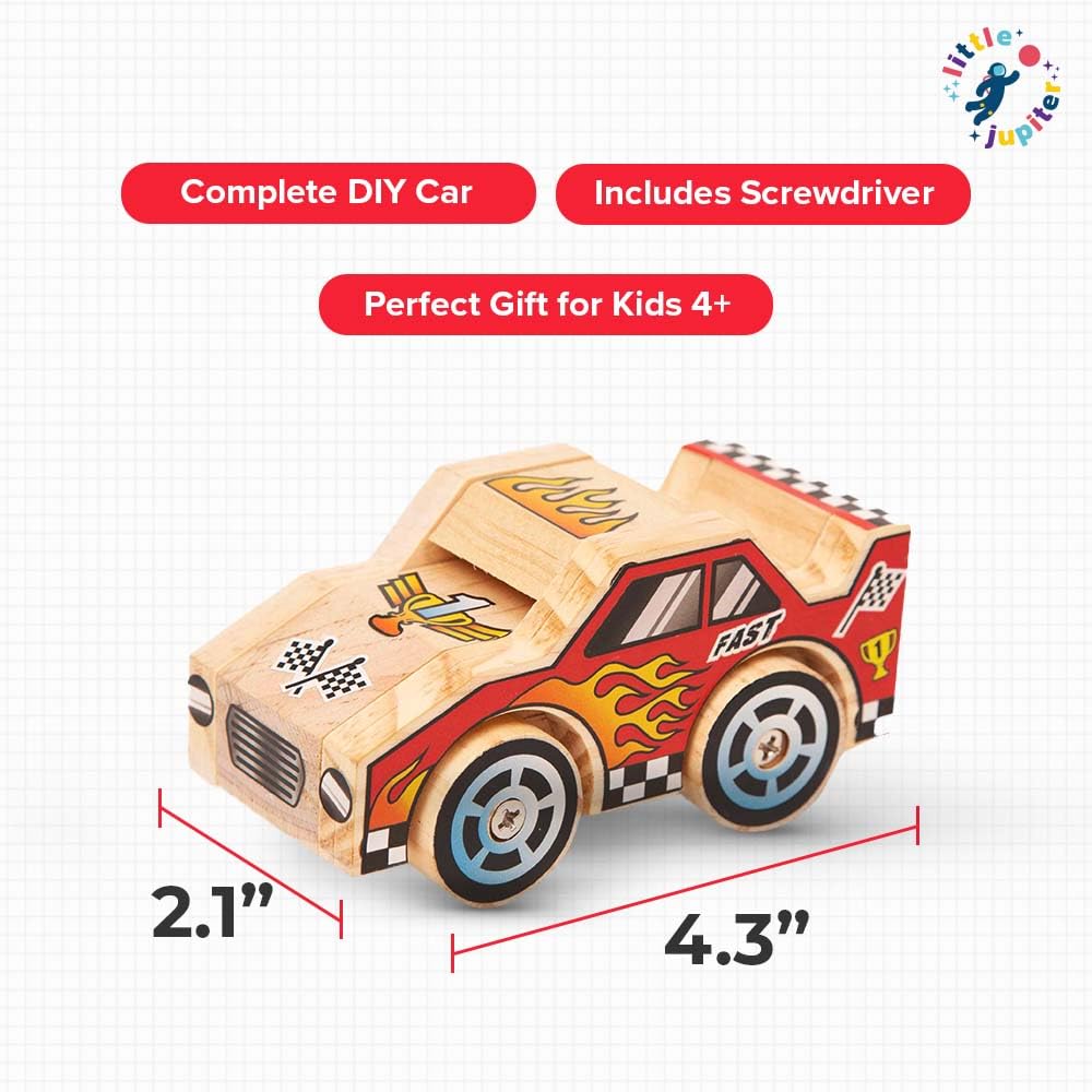 Little Jupiter DIY Wooden Race Car Building Kit for Kids Ages 4-7 - STEM Craft Toy with Stickers and Tools