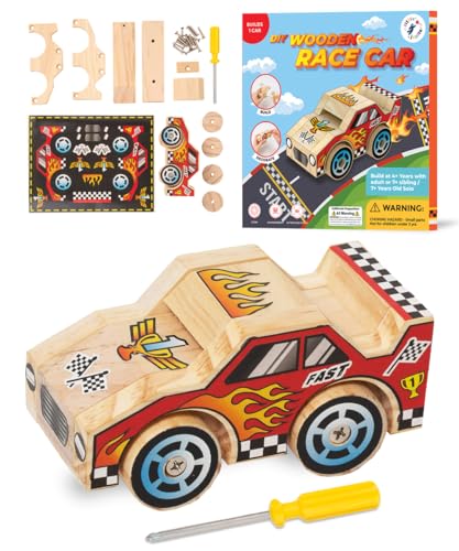 Little Jupiter DIY Wooden Race Car Building Kit for Kids Ages 4-7 - STEM Craft Toy with Stickers and Tools