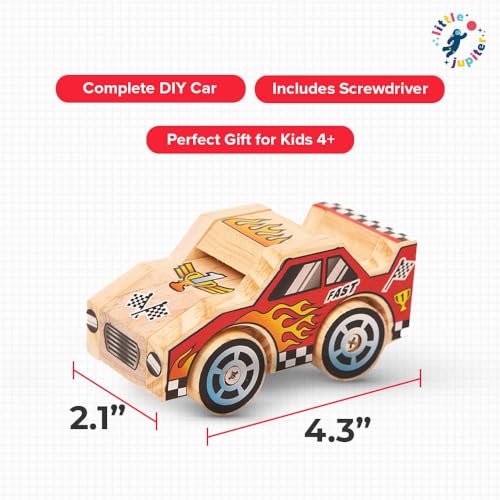 Little Jupiter DIY Wooden Race Car Building Kit for Kids Ages 4-7 - STEM Craft Toy with Stickers and Tools