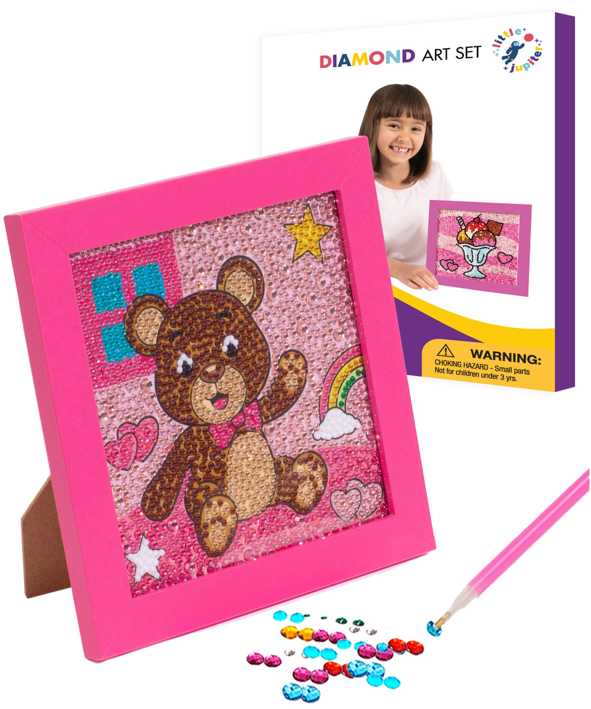 Little Jupiter Kids Diamond Art Kit - Teddy Bear with Pink Frame - 7 1/8" x 7 1/8"