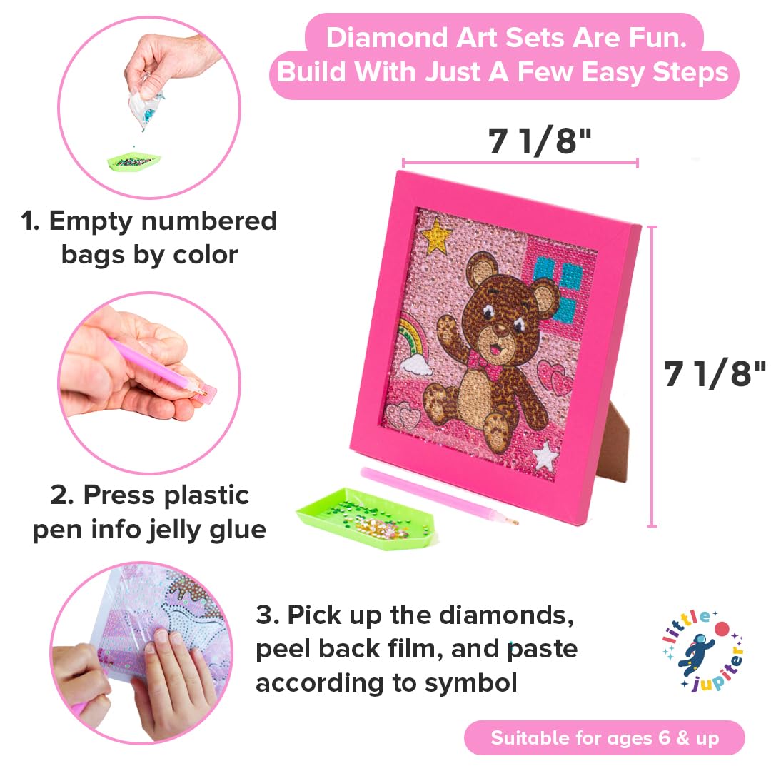 Little Jupiter Kids Diamond Art Kit - Teddy Bear with Pink Frame - 7 1/8" x 7 1/8"
