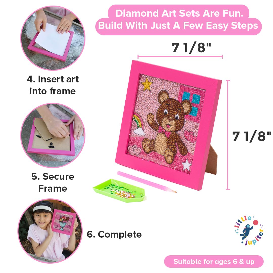 Little Jupiter Kids Diamond Art Kit - Teddy Bear with Pink Frame - 7 1/8" x 7 1/8"