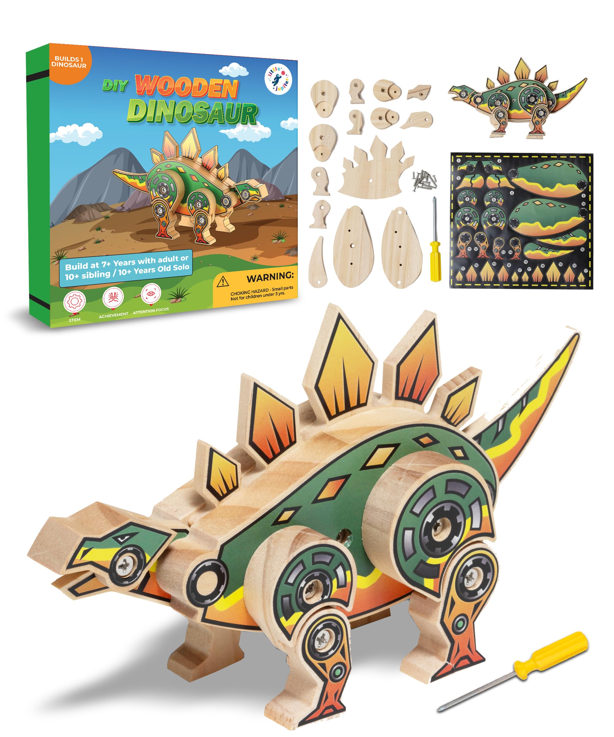 Little Jupiter Stegosaurus Wooden Building Kit for Kids 7-12 – DIY Dinosaur Craft with Stickers
