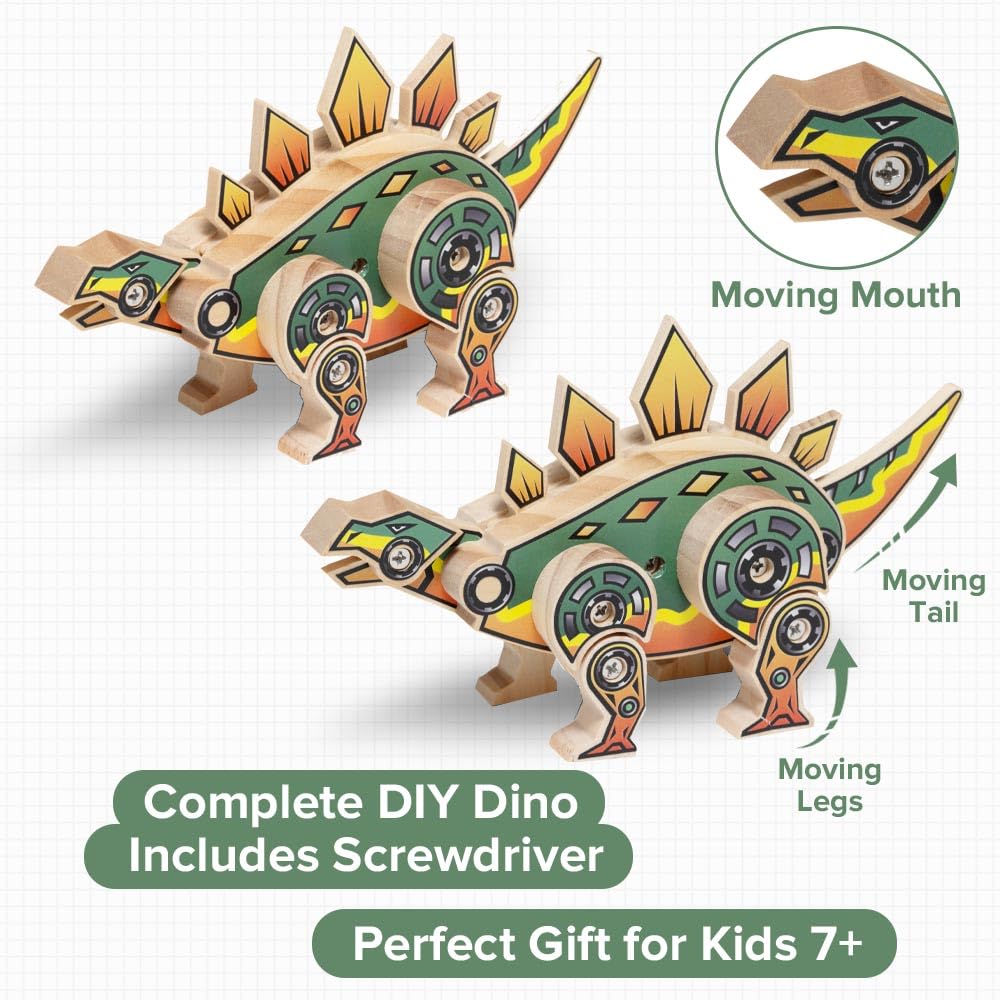 Little Jupiter Stegosaurus Wooden Building Kit for Kids 7-12 – DIY Dinosaur Craft with Stickers