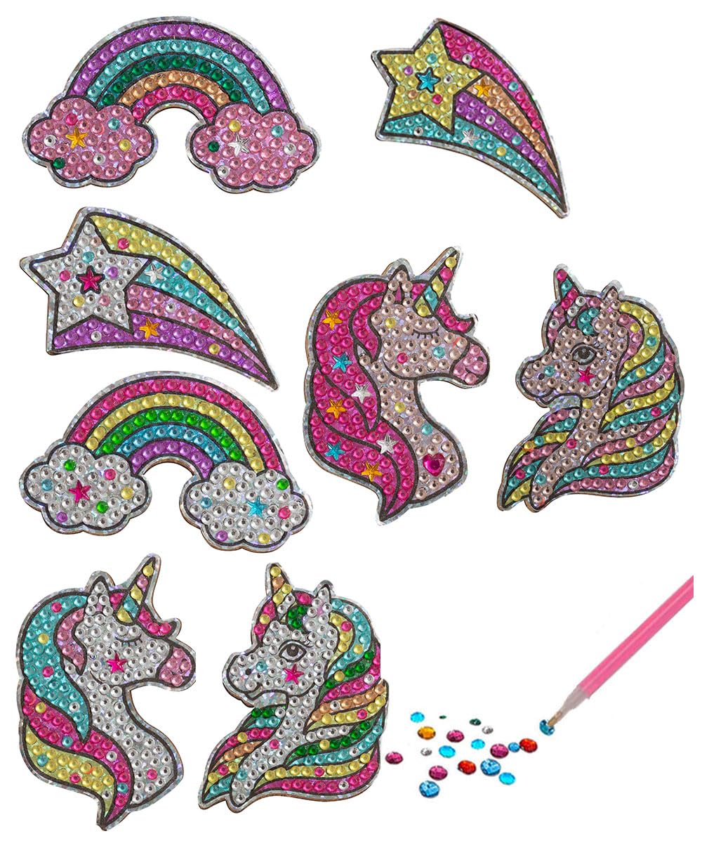 Little Jupiter Unicorns & Rainbows Diamond Art Magnets Kit – 8 Wooden Magnet Crafts with Stickers and Resin Gems