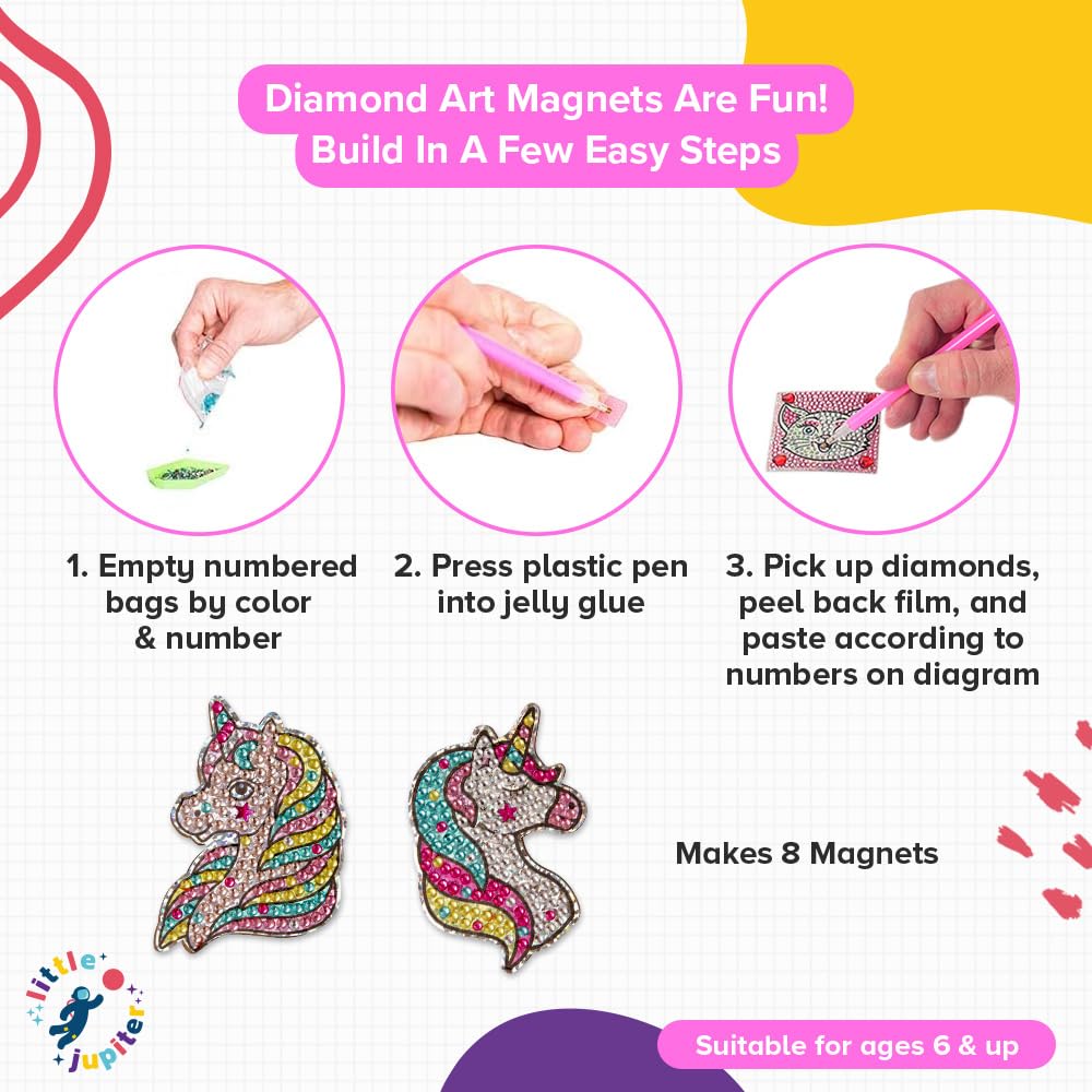 Little Jupiter Unicorns & Rainbows Diamond Art Magnets Kit – 8 Wooden Magnet Crafts with Stickers and Resin Gems