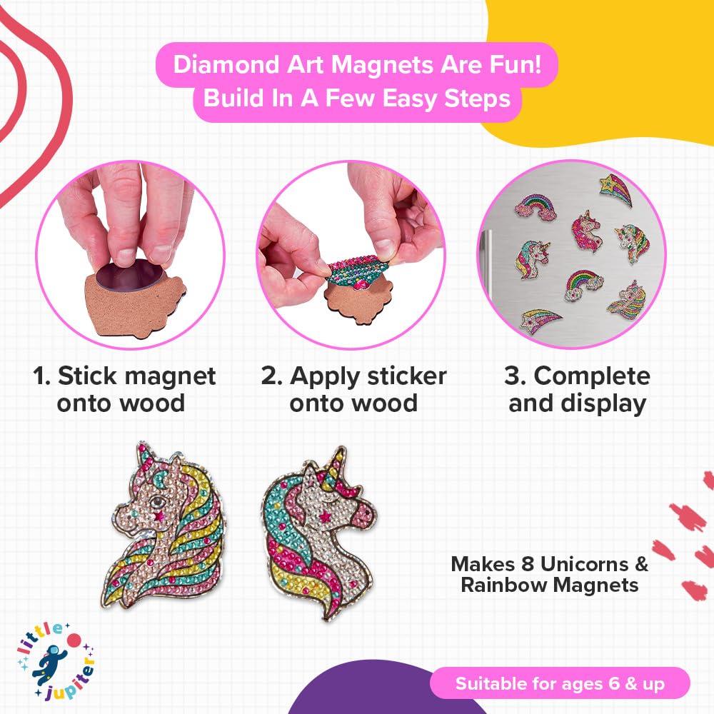 Little Jupiter Unicorns & Rainbows Diamond Art Magnets Kit – 8 Wooden Magnet Crafts with Stickers and Resin Gems
