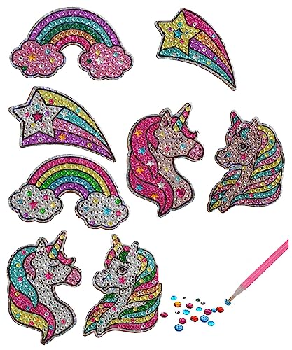 Little Jupiter Unicorns & Rainbows Diamond Art Magnets Kit – 8 Wooden Magnet Crafts with Stickers and Resin Gems