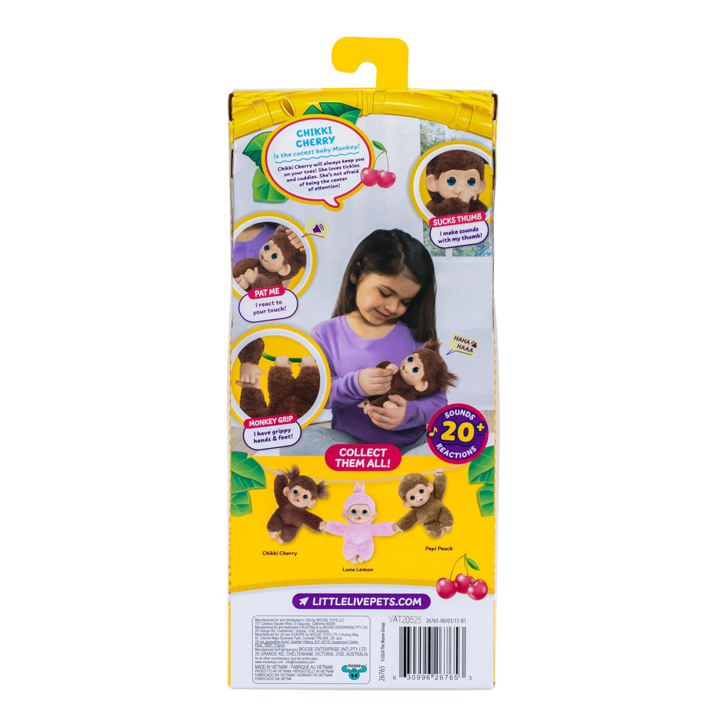Little Live Pets Baby Monkey Minis Chikki Cherry – Interactive Toy with 20+ Sounds, Soft Brown Fur, 7.4" Tall