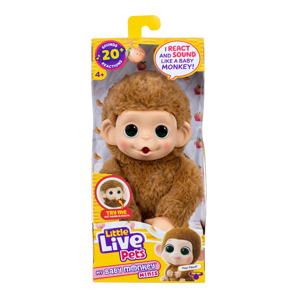 Little Live Pets Baby Monkey Minis Pepi Peach – Interactive Toy with 20+ Sounds, Grippy Hands, and Thumb-Sucking Action