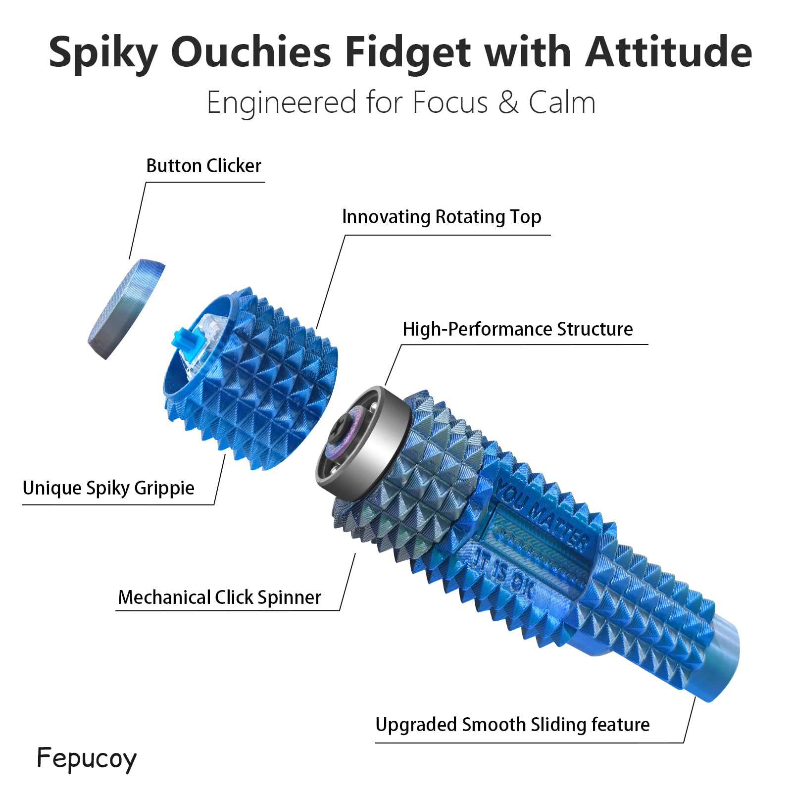 Little Ouchies 5-in-1 Pain Stim Fidget - Blue Silver: Extra Sharp Spikes, Hidden Encouragement, Portable Stress Relief for Adults