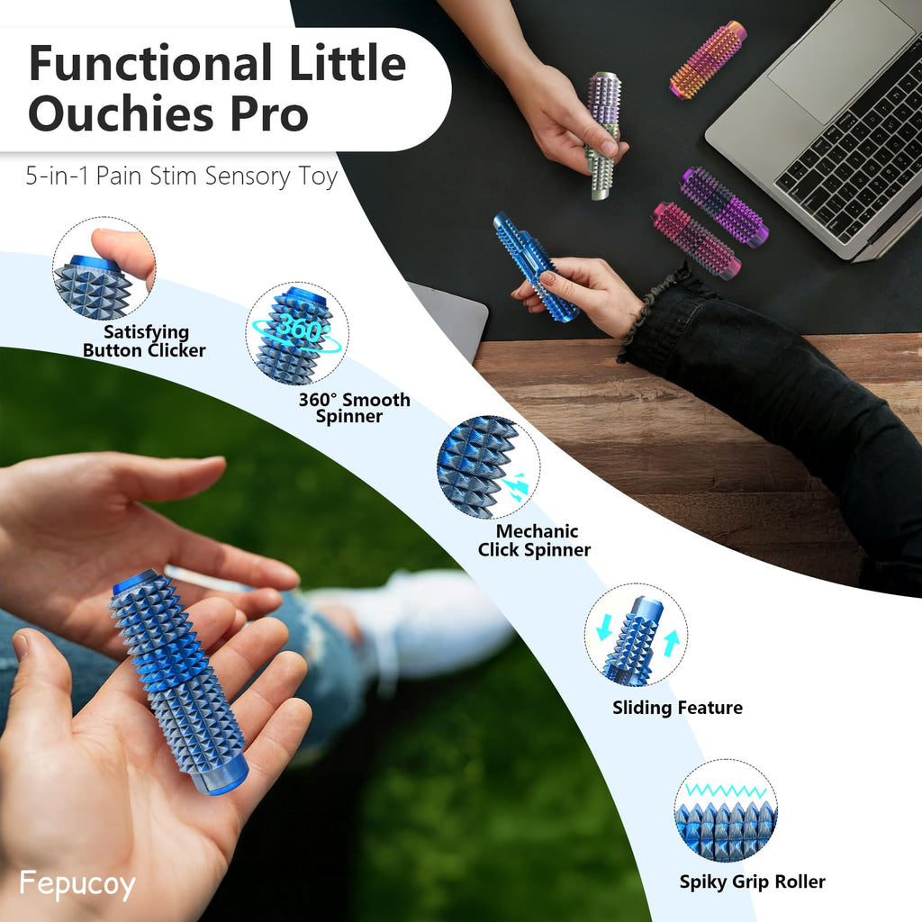Little Ouchies 5-in-1 Pain Stim Fidget - Blue Silver: Extra Sharp Spikes, Hidden Encouragement, Portable Stress Relief for Adults