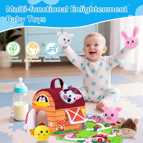 Little People Farm Sensory Toy Set for Infants 0-12 Months – Soft Barn with 6 Plush Animals, Crinkle, Rattle, Squeaker, Mirror – Montessori Learning, Gift for Baby