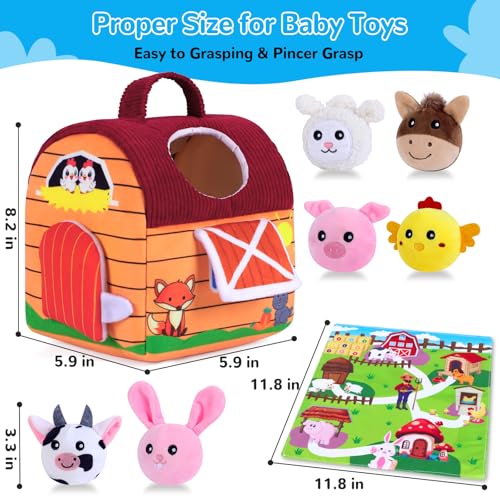 Little People Farm Sensory Toy Set for Infants 0-12 Months – Soft Barn with 6 Plush Animals, Crinkle, Rattle, Squeaker, Mirror – Montessori Learning, Gift for Baby