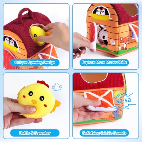 Little People Farm Sensory Toy Set for Infants 0-12 Months – Soft Barn with 6 Plush Animals, Crinkle, Rattle, Squeaker, Mirror – Montessori Learning, Gift for Baby