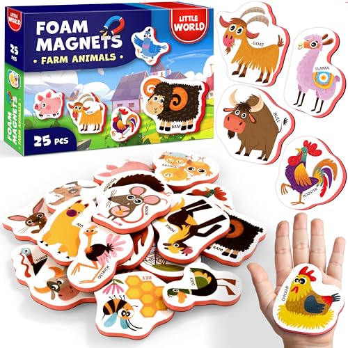 Little World 25-Piece Farm Animal Fridge Magnets for Toddlers - Safe, Water-Resistant EVA Foam Magnets with Gift Box