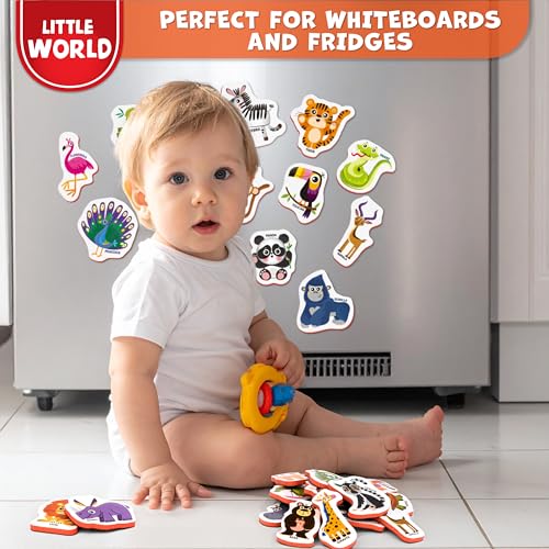 Little World 25-Piece Foam Animal Fridge Magnets for Toddlers 1-3 | Safe, Waterproof, Non-Toxic Zoo Magnets with Gift Box