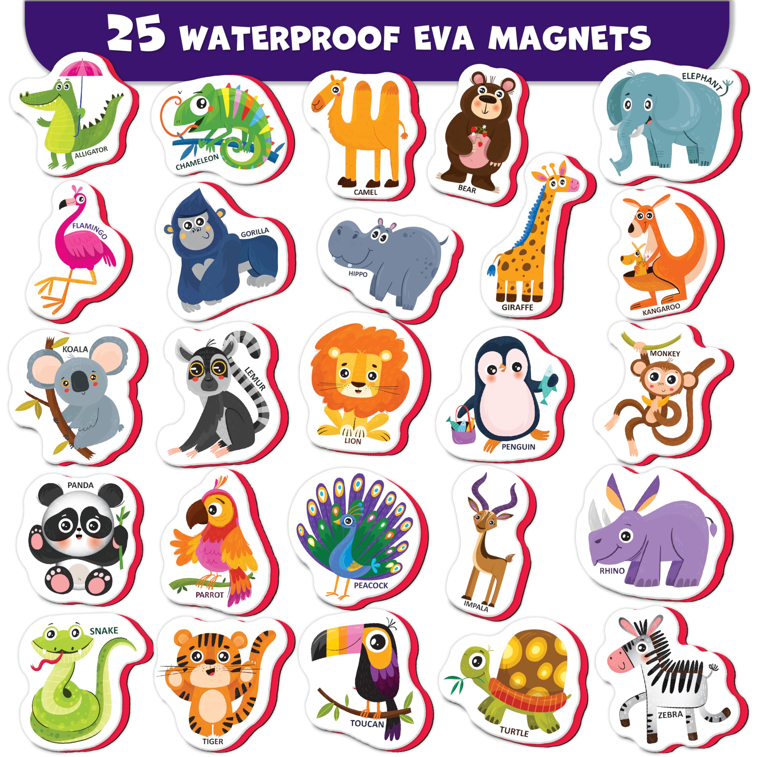 Little World 25-Piece Foam Animal Fridge Magnets for Toddlers 1-3 | Safe, Waterproof, Non-Toxic Zoo Magnets with Gift Box