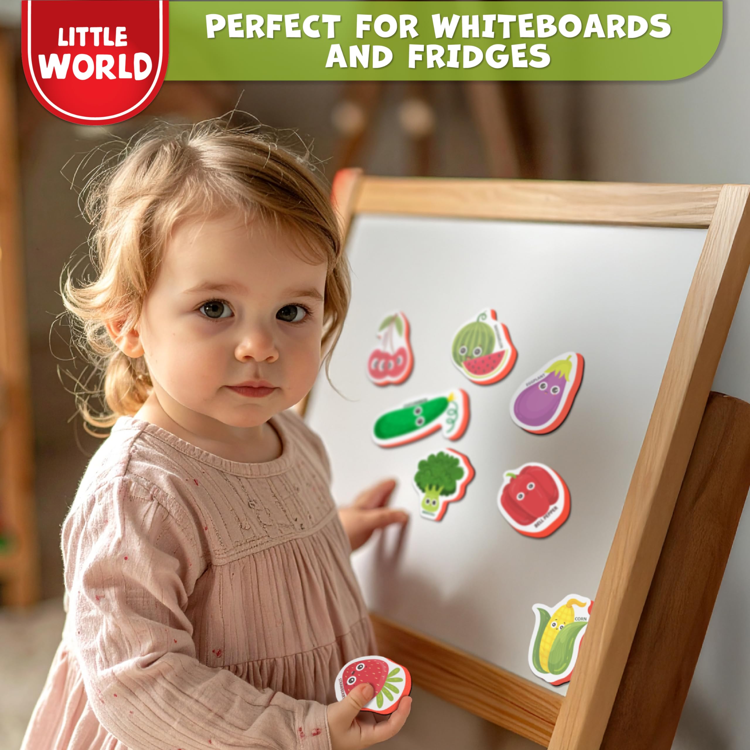 Little World 25-Piece Foam Fridge Magnets for Toddlers 1-3 – Safe, Water-Resistant Fruit & Veggie Magnets