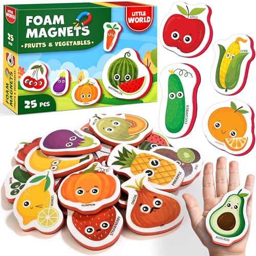 Little World 25-Piece Foam Fridge Magnets for Toddlers 1-3 – Safe, Water-Resistant Fruit & Veggie Magnets
