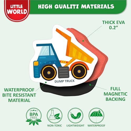 Little World 25-Piece Foam Fridge Magnets for Toddlers 1-3 – Vehicles & Professions, Safe and Waterproof