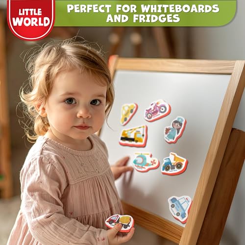 Little World 25-Piece Foam Fridge Magnets for Toddlers 1-3 – Vehicles & Professions, Safe and Waterproof