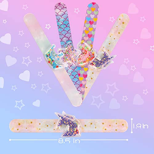 Little World 4-Pack Glitter Shaker Slap Bracelets: Unicorn Silicone Wristbands for Girls' Party Favors
