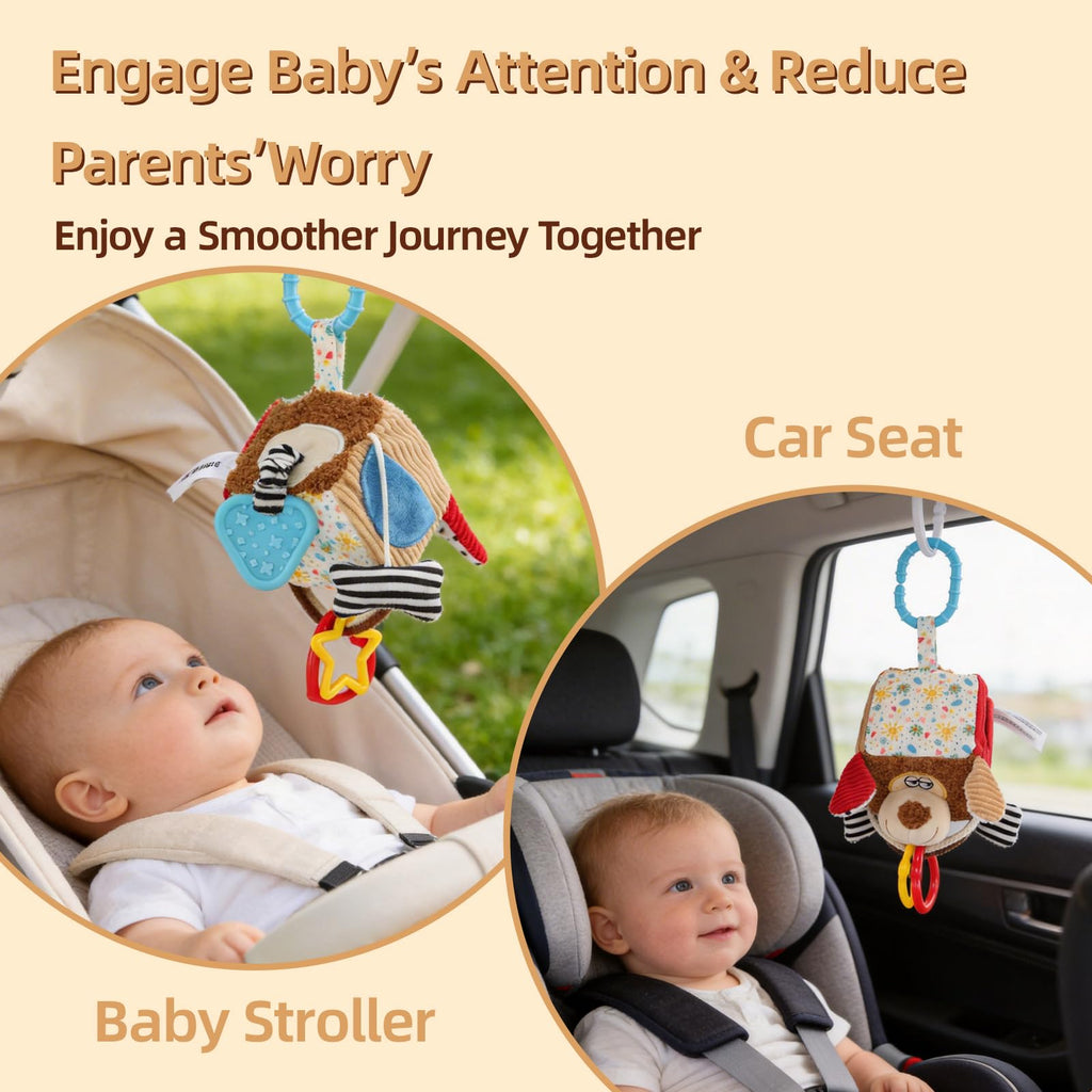 littlove Car Seat Toy: Hanging Dog Cube with Rattle, Teether & Mirror for 0-12 Months