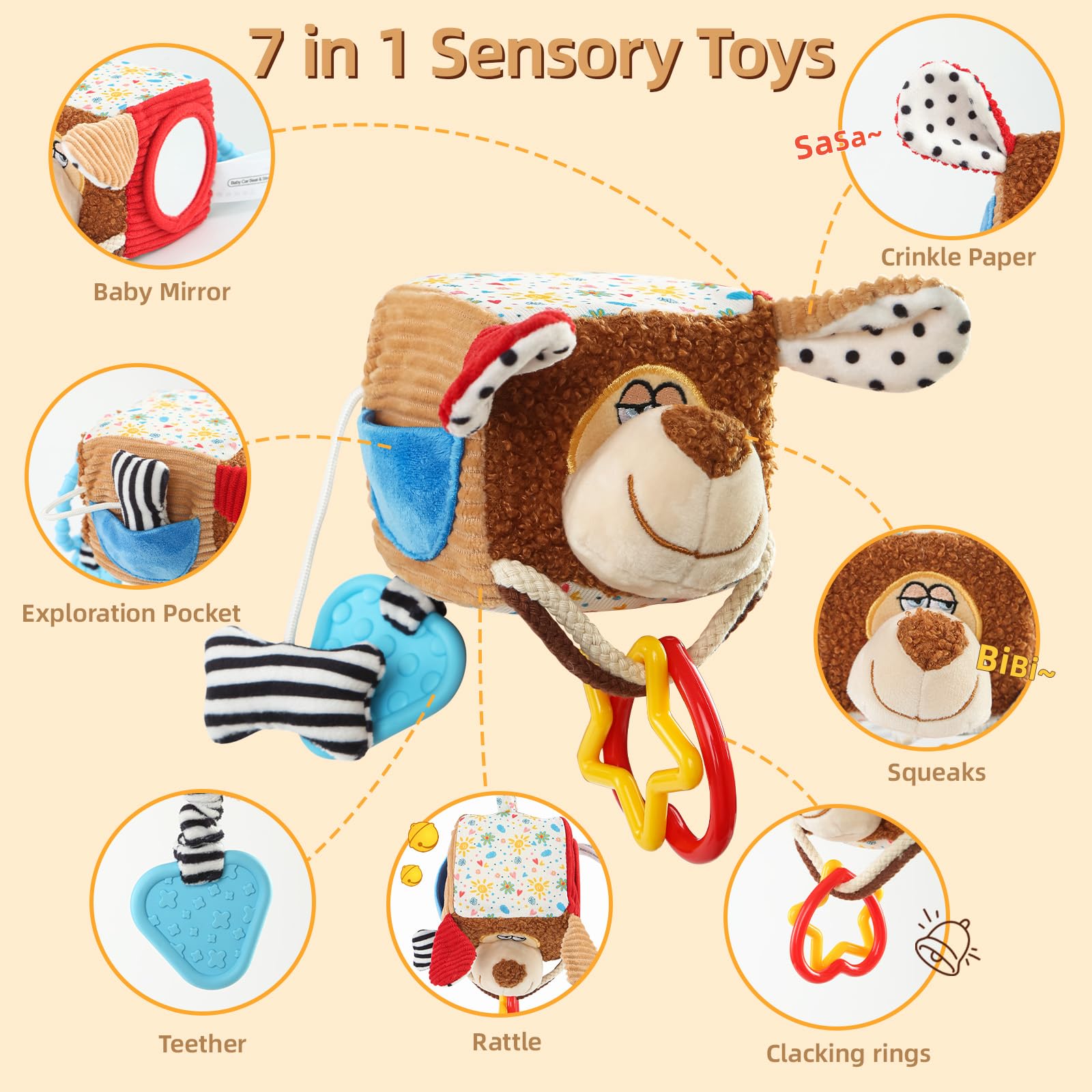 littlove Car Seat Toy: Hanging Dog Cube with Rattle, Teether & Mirror for 0-12 Months