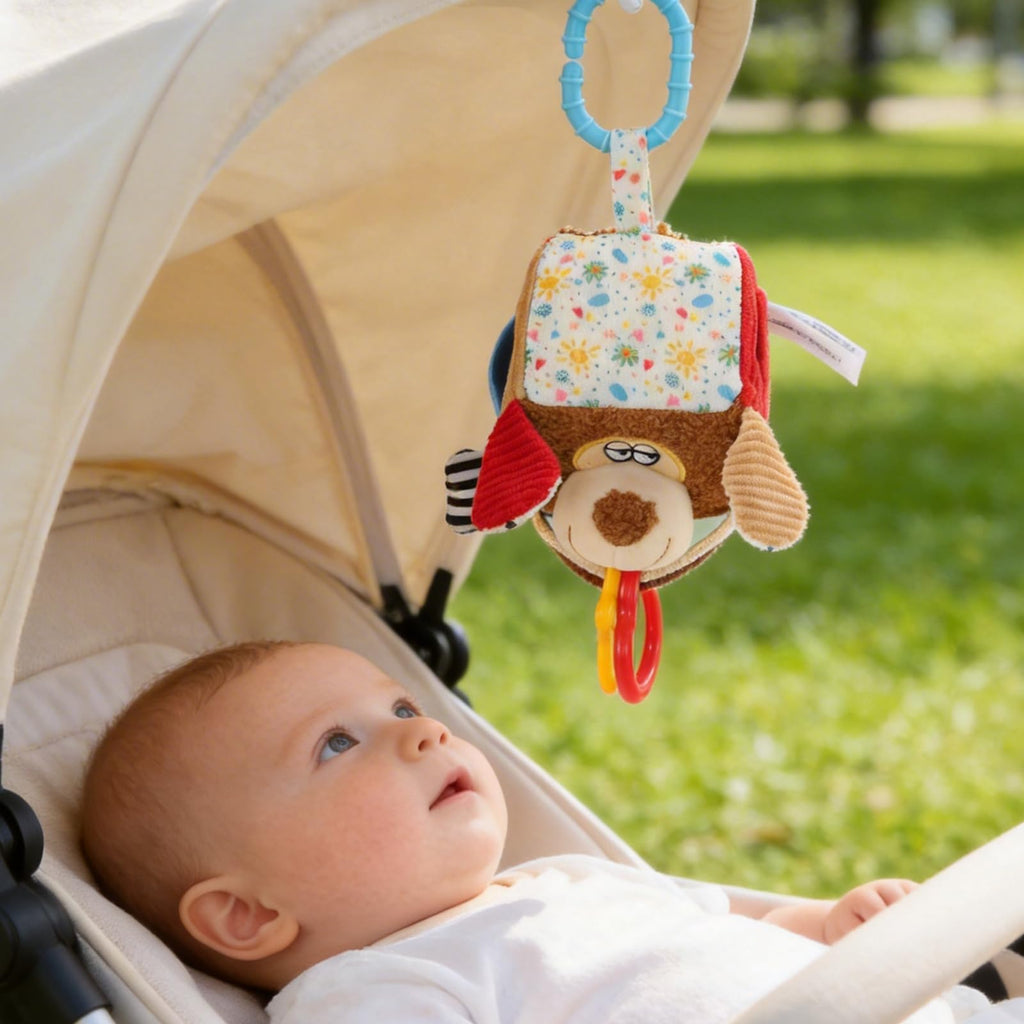 littlove Car Seat Toy: Hanging Dog Cube with Rattle, Teether & Mirror for 0-12 Months