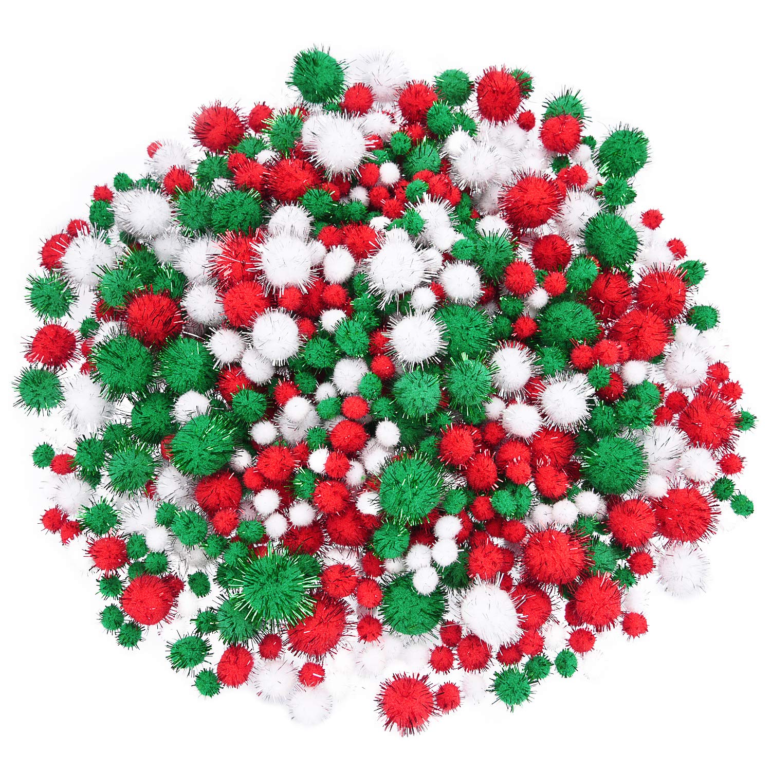 Livder Christmas Pom Poms – 900 Pieces of Red, White & Green Glitter Fluffy Balls in 4 Sizes for DIY Crafts and Decorations