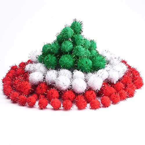 Livder Christmas Pom Poms – 900 Pieces of Red, White & Green Glitter Fluffy Balls in 4 Sizes for DIY Crafts and Decorations