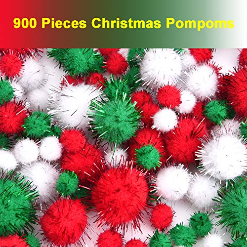 Livder Christmas Pom Poms – 900 Pieces of Red, White & Green Glitter Fluffy Balls in 4 Sizes for DIY Crafts and Decorations