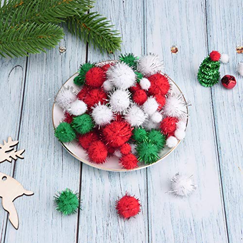 Livder Christmas Pom Poms – 900 Pieces of Red, White & Green Glitter Fluffy Balls in 4 Sizes for DIY Crafts and Decorations