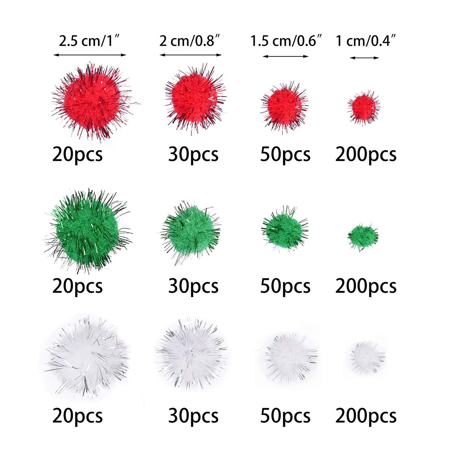 Livder Christmas Pom Poms – 900 Pieces of Red, White & Green Glitter Fluffy Balls in 4 Sizes for DIY Crafts and Decorations