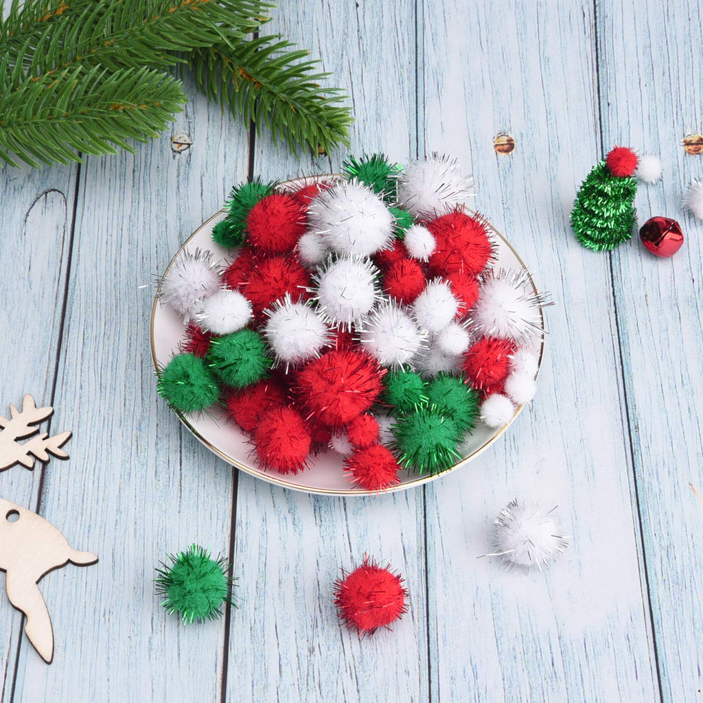 Livder Christmas Pom Poms – 900 Pieces of Red, White & Green Glitter Fluffy Balls in 4 Sizes for DIY Crafts and Decorations