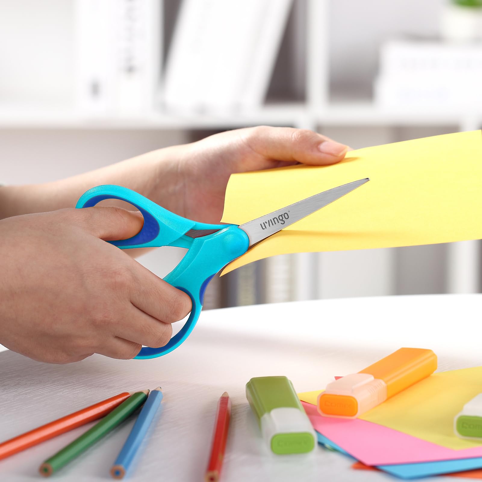 LIVINGO Student Scissors 7 Inch 3 Pack - Pointed Tip, Right/Left Handed, Blue Green Yellow