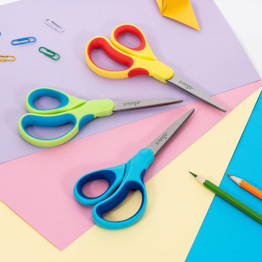 LIVINGO Student Scissors 7 Inch 3 Pack - Pointed Tip, Right/Left Handed, Blue Green Yellow