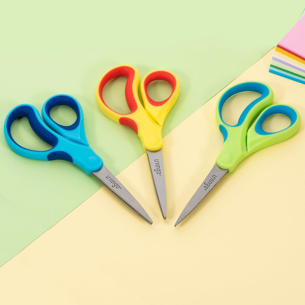 LIVINGO Student Scissors 7 Inch 3 Pack - Pointed Tip, Right/Left Handed, Blue Green Yellow
