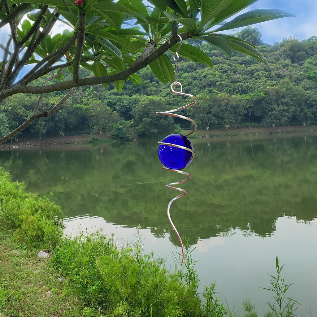 LJLIFART 13-Inch Blue Glass Gazing Ball Wind Spinner with Stainless Steel Spiral Tail – Hanging Decor for Garden, Patio, or Indoor Use