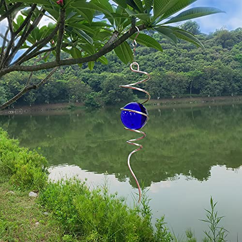 LJLIFART 13-Inch Blue Glass Gazing Ball Wind Spinner with Stainless Steel Spiral Tail – Hanging Decor for Garden, Patio, or Indoor Use