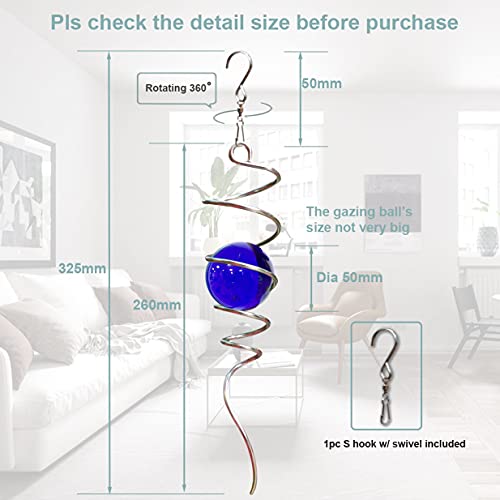 LJLIFART 13-Inch Blue Glass Gazing Ball Wind Spinner with Stainless Steel Spiral Tail – Hanging Decor for Garden, Patio, or Indoor Use
