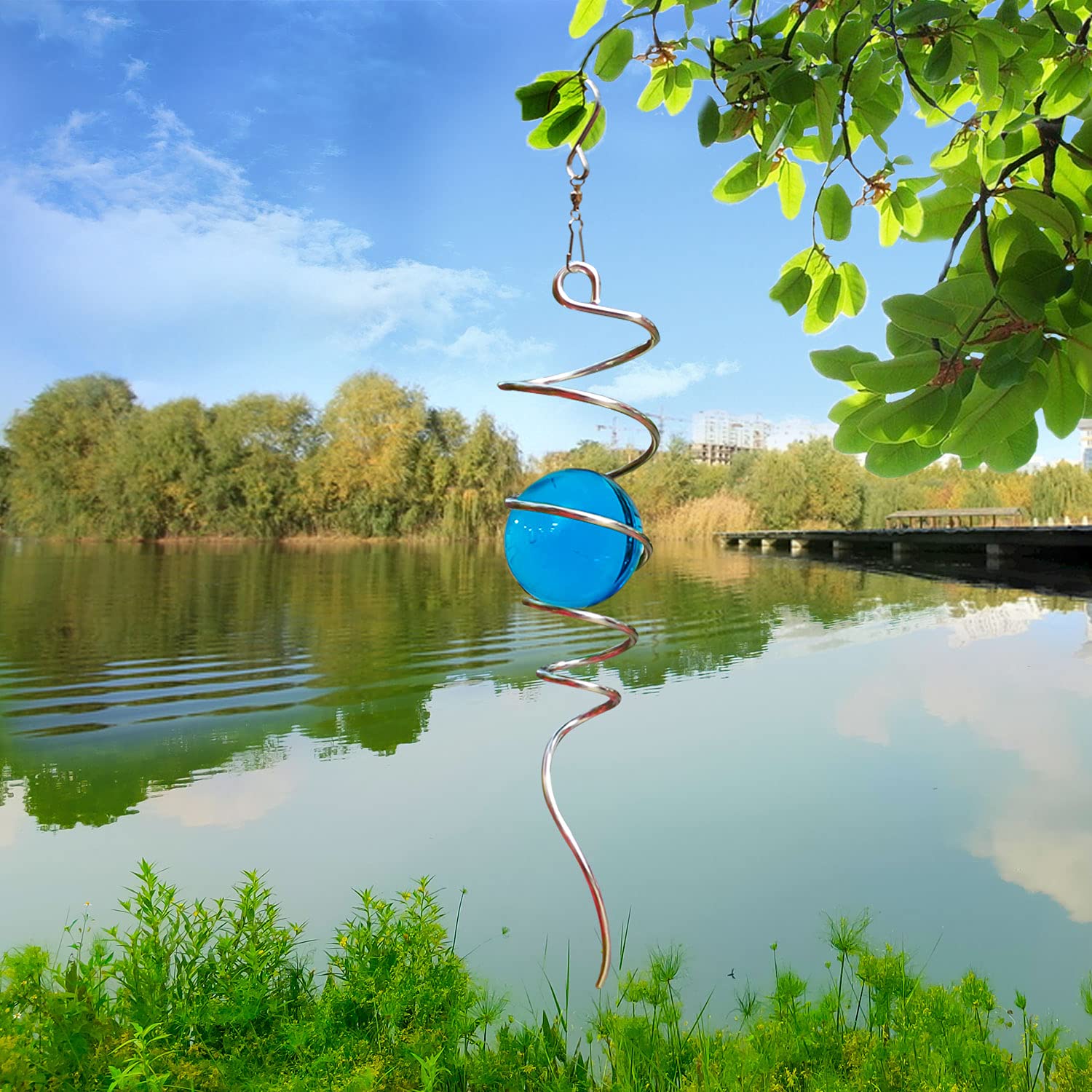 LJLIFART 13 Inch Spiral Wind Spinner with Swivel Hook & Peacock Blue Glass Ball for Garden Decor