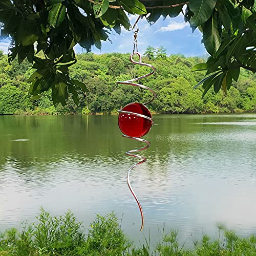 Ljlifart Red Gazing Ball Spiral Wind Spinner – 13-Inch Stainless Steel Garden Decor with Glass Orb