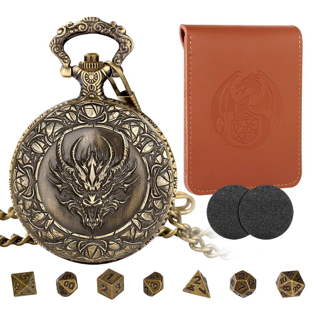 LKKCHER DESIGN Steampunk Dragon Head Pocket Watch Dice Set – 7 Polyhedral DND Dice with Leather Bag