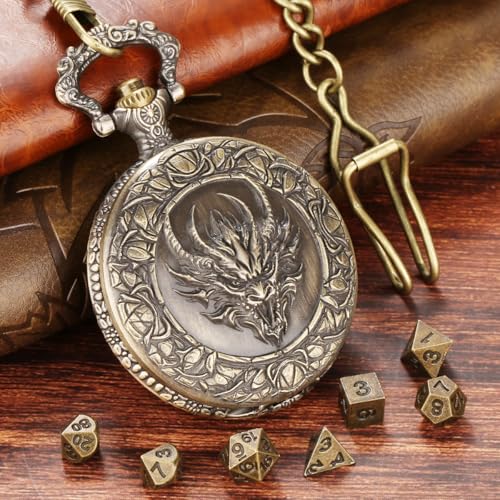 LKKCHER DESIGN Steampunk Dragon Head Pocket Watch Dice Set – 7 Polyhedral DND Dice with Leather Bag