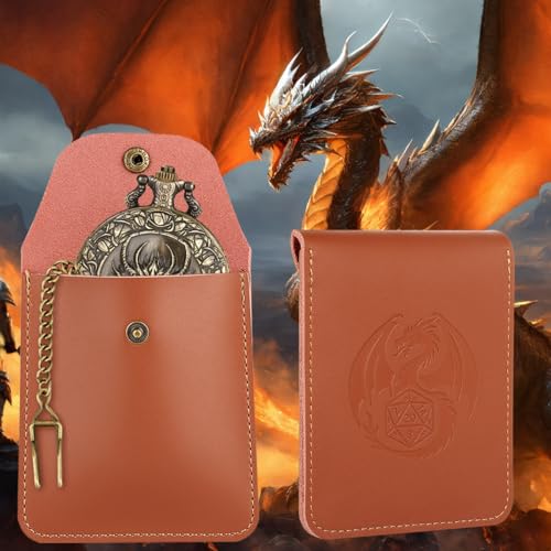 LKKCHER DESIGN Steampunk Dragon Head Pocket Watch Dice Set – 7 Polyhedral DND Dice with Leather Bag