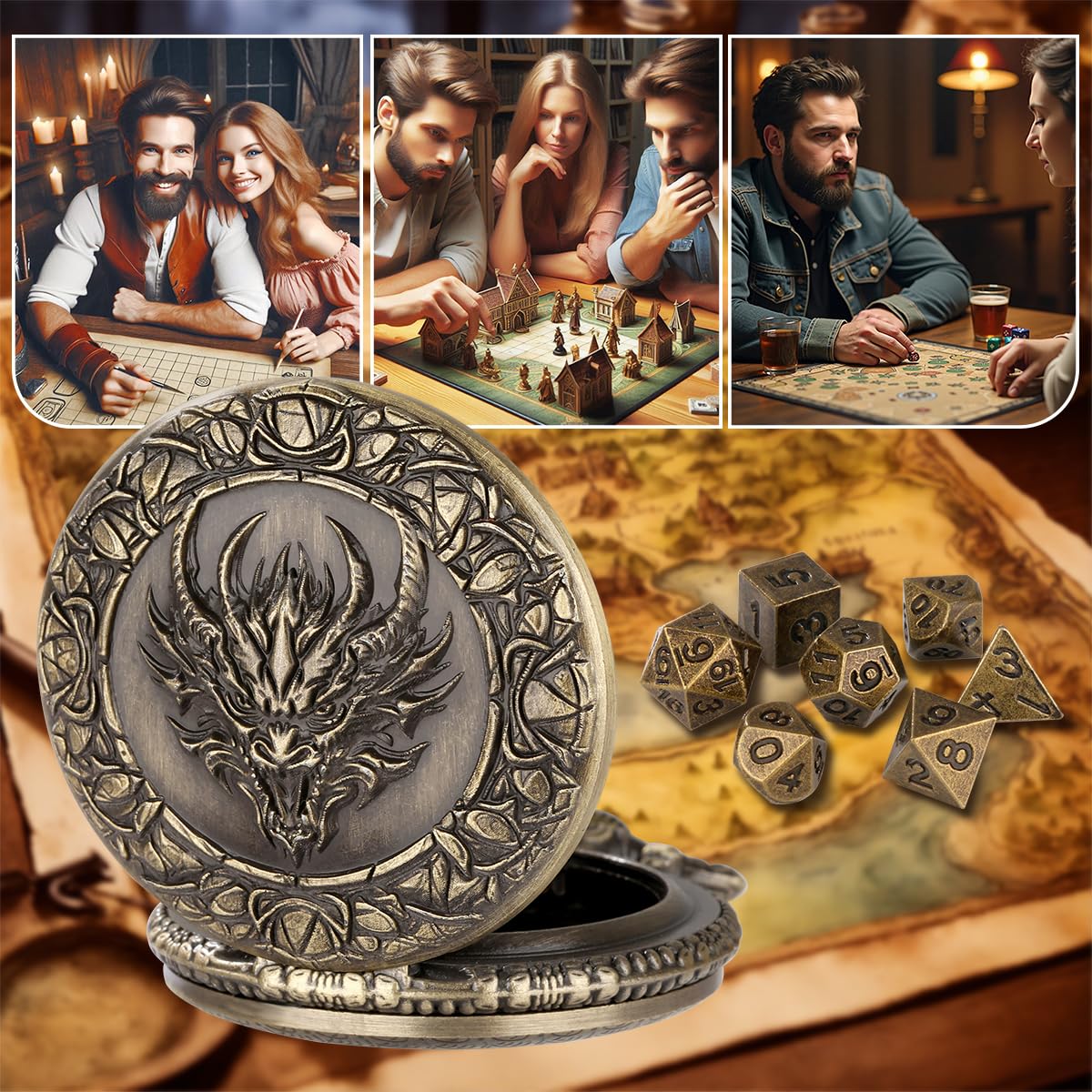 LKKCHER DESIGN Steampunk Dragon Head Pocket Watch Dice Set – 7 Polyhedral DND Dice with Leather Bag